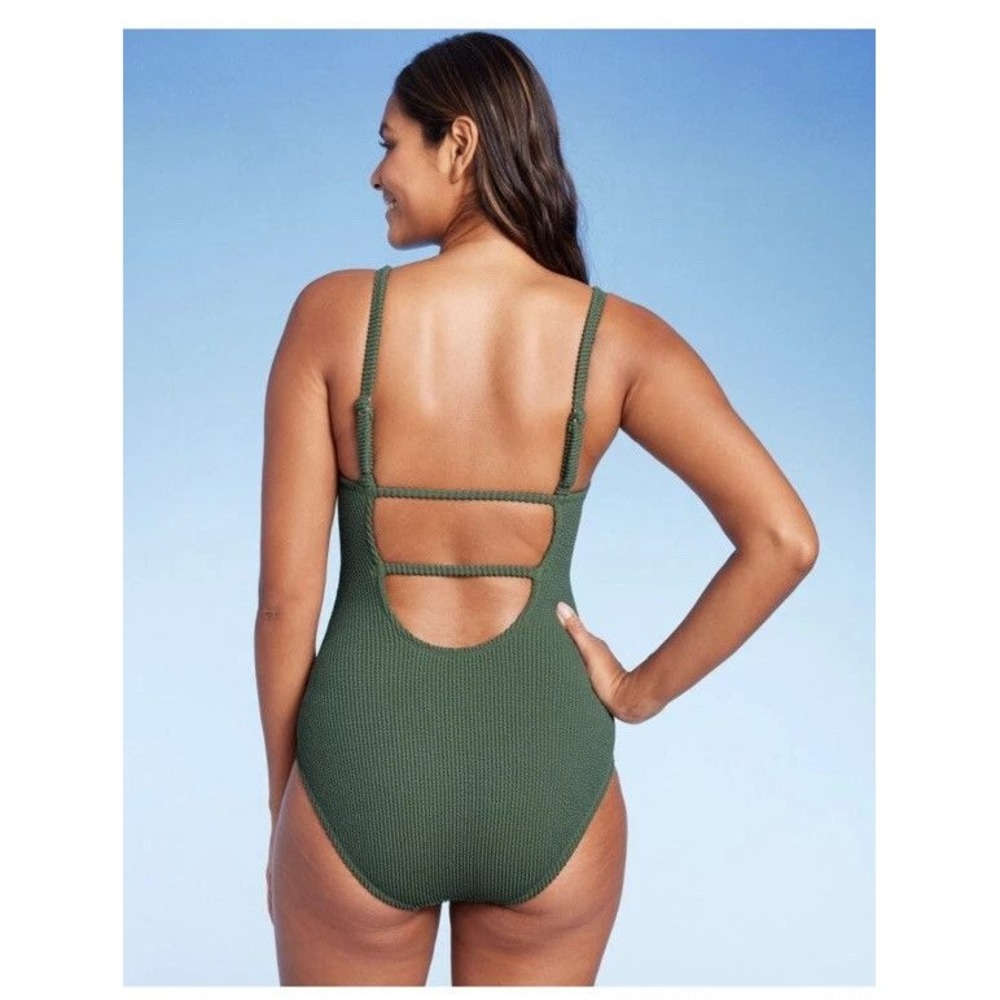 Kona‎ Sol Womens XL Olive Green Smocked Waffle One Piece Swimsuit Open Back XL